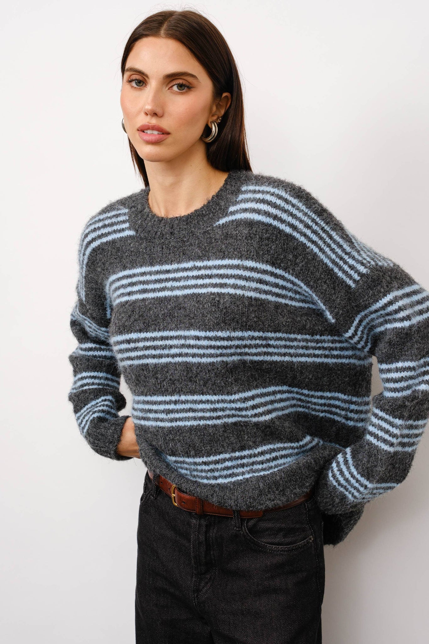 Talia Fuzzy Striped Sweater | Blue + Grey