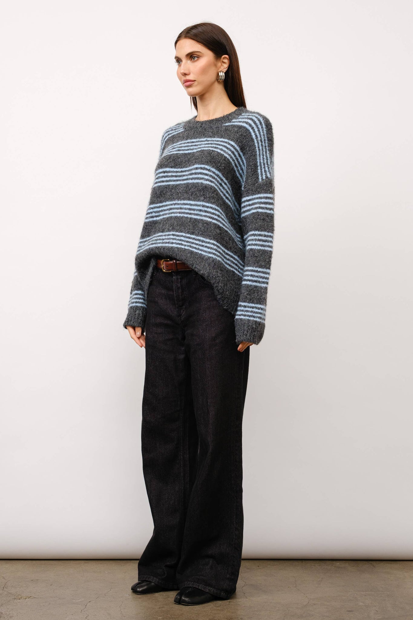 Talia Fuzzy Striped Sweater | Blue + Grey