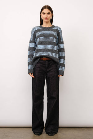 Talia Fuzzy Striped Sweater | Blue + Grey